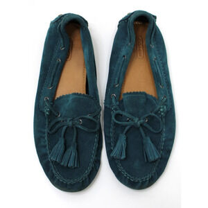 Coach Nadia Driver Loafers Women's 8.5 B Teal Suede Leather Slip On Tassel Bow
